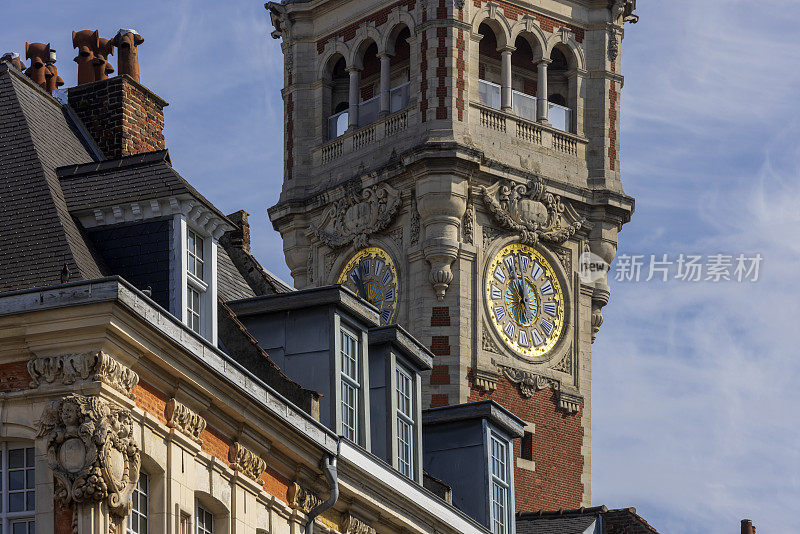 Tower of the Chamber of Commerce in the French city of Lille on the Place du Théâtre. The building was built between 1910 and 1921 and was designed by architect Louis Marie Cordonnier